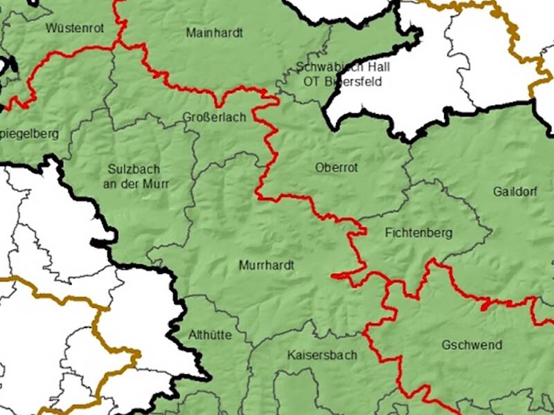 Karte der Förderkulisse des Leaderprojekts Schwäbischer Wald, mit der Stadt Gaildorf im Mittelpunkt