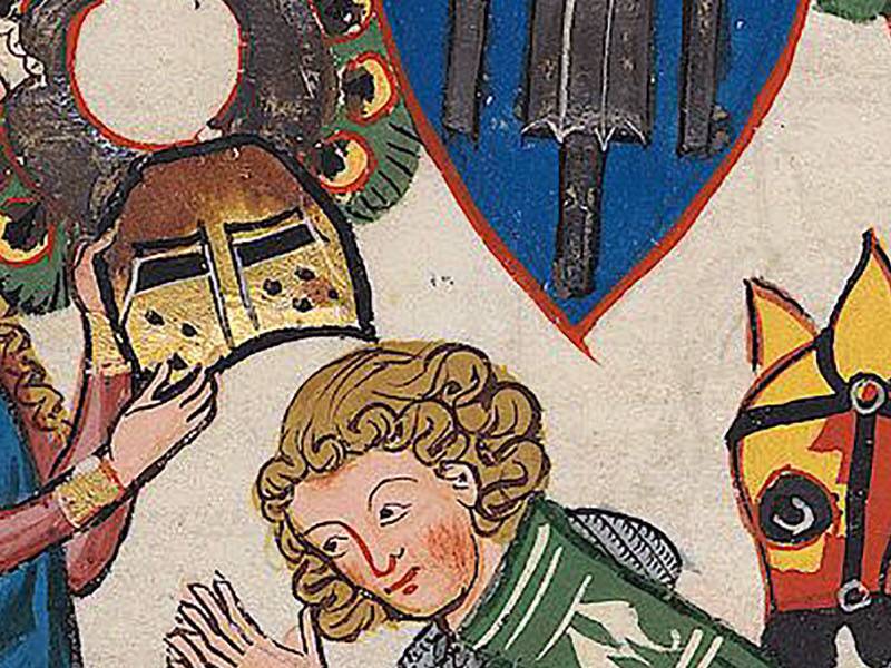 Der Codex Manesse zeigt eine Frau in einem blauen Kleid, die einen Helm an einen knienden Ritter, den Schenk von Limpurg, vor ihr übergibt, während im Hintergrund ein Pferd steht.