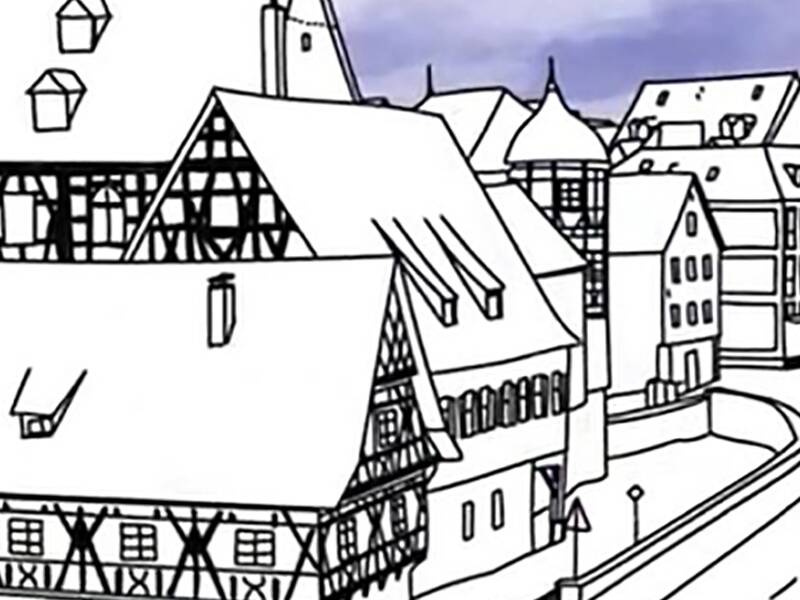 mit schwarzem Stift gezeichnete Stadtansicht der Innenstadt Gaildorfs mit Altem Schloss und Schlosswerk, der Himmel lila getuscht