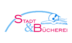 Das Bild zeigt ein grafisches Logo mit blauen und roten Akzenten, das den Namen einer städtischen Bücherei darstellt, ergänzt durch das Symbol eines Buches mit einem Lesezeichen.