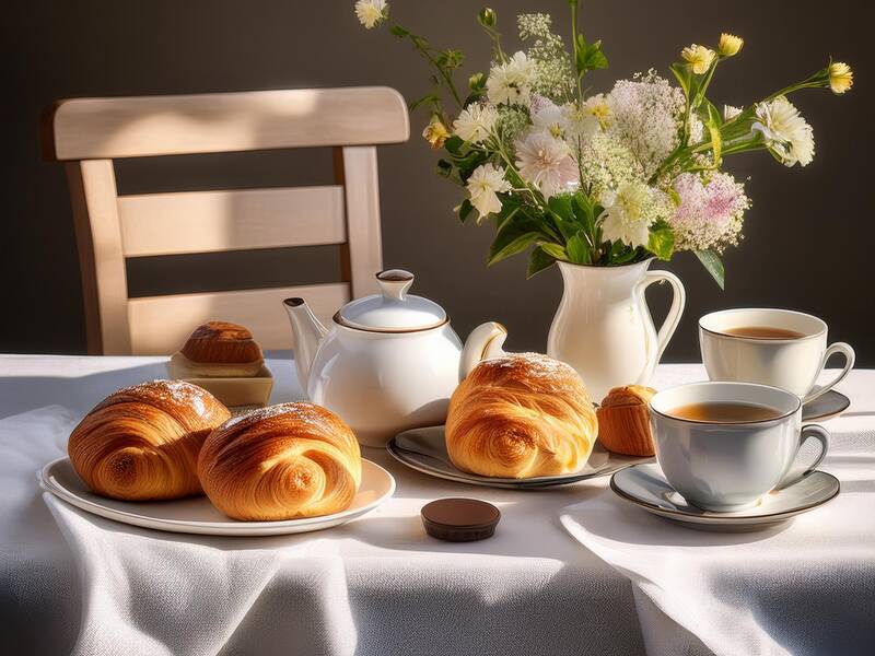 Ki Frühstückstisch mit Brötchen, Kaffee, Tee, weißer Tischdecke und Blumenstrauß