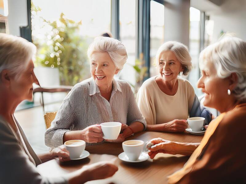 KI ältere menschen sitzen in gruppen an tischen und trinken kaffee