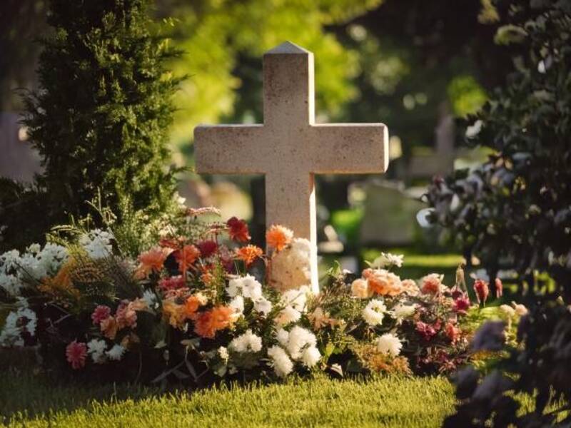 KI Kreuz umrahmt von Blumen auf Friedhof