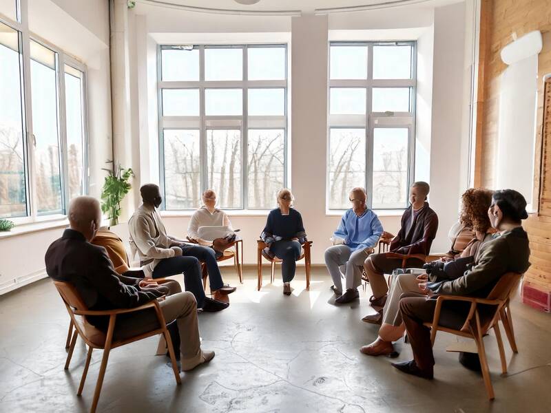 KI Ältere und jüngere Männer sitzen in einem Stuhlkreis in einem hellen, lichtdurchfluteten Raum