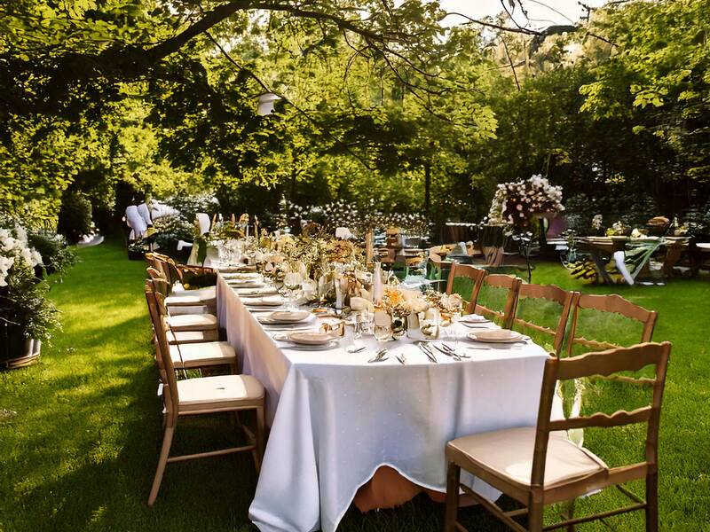 KI fest in einem garten mit menschen, stühlen und tischen mit weißen tischdecken und essen auf dem tisch