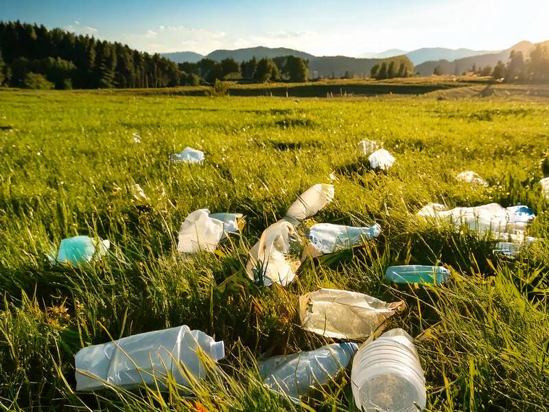 KI verschiedener plastikmüll auf einer wiese verteilt